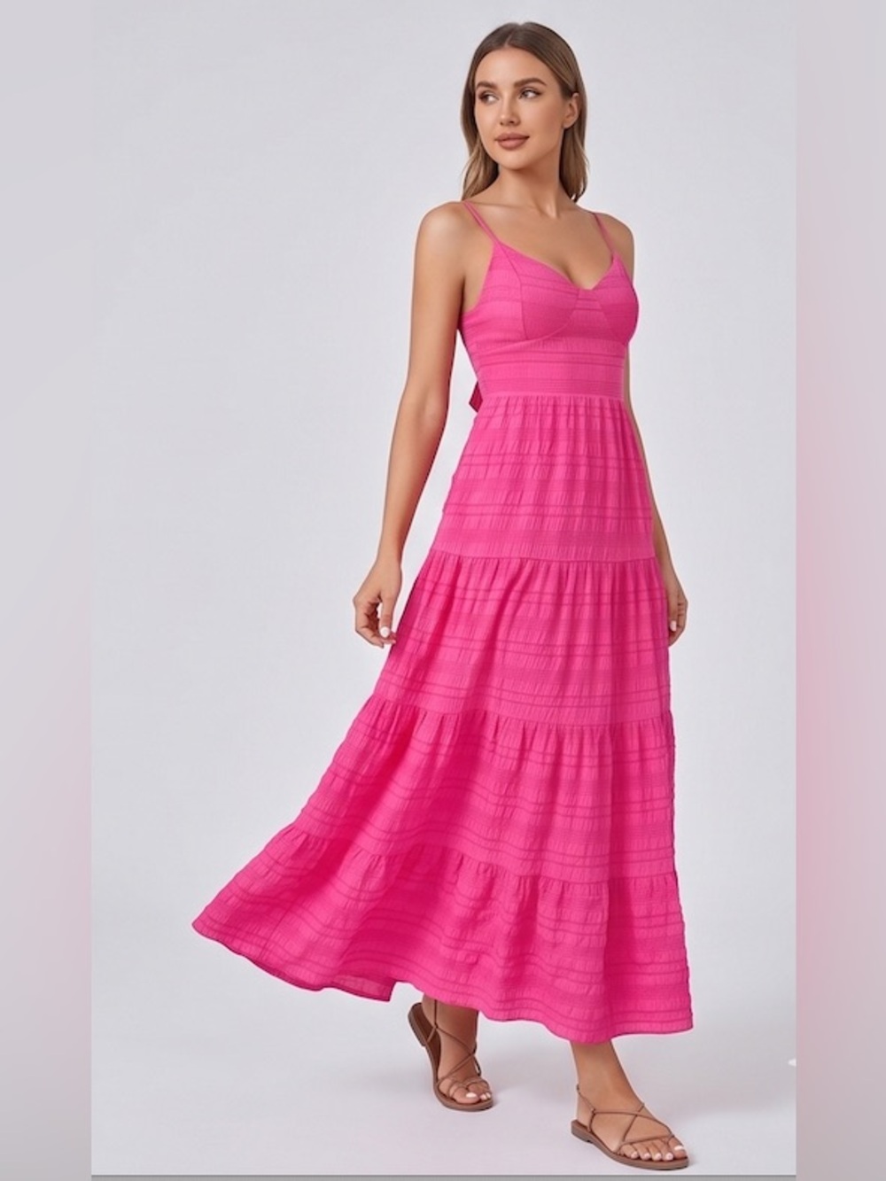 Hot Pink Floral Tie-Back Tiered Maxi Dress - Picture 4 of 6